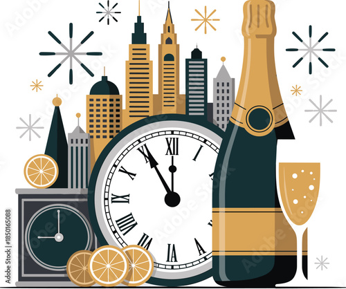 New year celebration with champagne city skyline and countdown clock logo