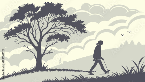 Woman Hiking with Trekking Poles on a Scenic Nature Trail. Outdoor Adventure, Wellness Journey, Health, Solitude Vector Art