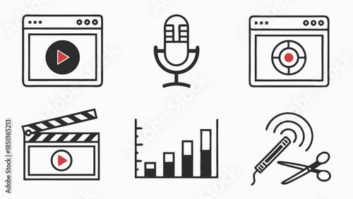Digital Media Icons for Video Production, Audio Recording, Podcast Editing, Live Streaming, Content Creation, and Data Analytics for Web.