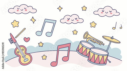 Dreamy Pastel Musical Instruments Notes Happy Clouds Stars for Childrens Music Education and Playful Design