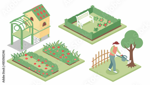 Isometric Home Gardening Elements Set with Greenhouse Shed Raised Beds and Person Watering Tree for Sustainable Outdoor Living Hobby and Eco-Friendly Design