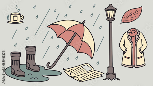 Cozy Autumn Rainy Day Essentials Flat Illustration. Fall Weather Comfort with Umbrella, Rain Boots, Coffee, Coat for Seasonal Lifestyle Design.