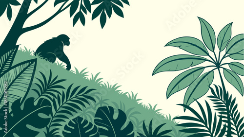 Flat Design Jungle Illustration with Monkey Walking Uphill in Lush Tropical Forest for Wildlife Conservation Education and Travel
