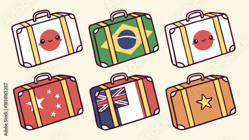 Cute Colorful Cartoon Luggage with World Flags for Global Travel, International Business, and Cultural Exchange
