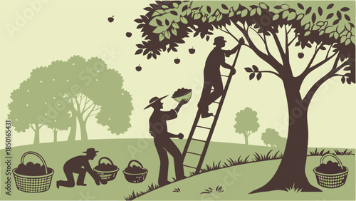 Silhouetted Workers Harvesting Apples in Orchard. Team Picking Fresh Fruit from Trees. Autumn Harvest Season for Agriculture, Food Industry, and Rural Marketing.