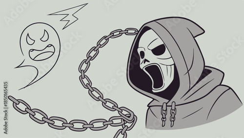 Screaming Hooded Skull Figure Chained by Inner Demons. Angry Ghost Symbolizing Stress, Anxiety, Mental Health Struggle, Burden, Fear, Frustration Graphic Art.