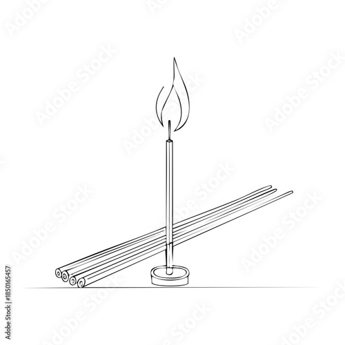 Incense Sticks Burning with Smoke and Aroma in Candle Holder, Drawing Illustration on White Background