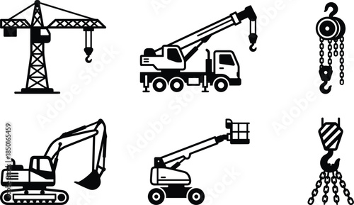 Construction crane and lifting equipment silhouettes set, tower crane mobile crane excavator hoist hooks, heavy industrial machinery icons, black vector collection