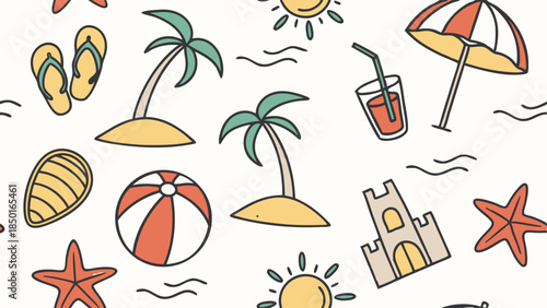 Cheerful Summer Beach Vacation Doodle Pattern with Palm Trees Sun Umbrella Sandcastle and Flip Flops for Travel Marketing Web Design and Holiday Promotions