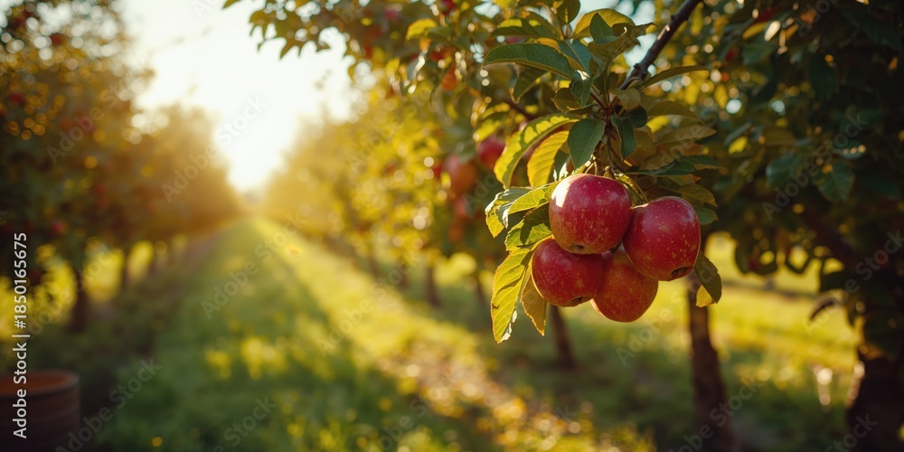Fototapeta premium Fresh apples on a tree in an orchard, highlighting harvest preparation and fruit ripening process