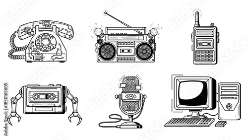 Retro technology line art collection vector illustration with old telephone boombox walkie talkie cassette robot microphone and desktop computer