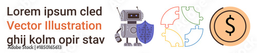 Cybersecurity, teamwork, financial management, protection, problem solving, digital systems. Robot holding shield, puzzle infographic and a dollar sign. Cybersecurity and teamwork