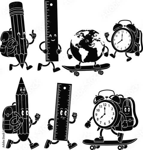 Cartoon school supply character mascots running, skating, and wearing backpacks, vintage monochrome style
