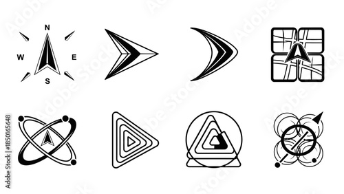 Modern navigation symbols and futuristic vehicle icons line art vector set compass directions map pointers and advanced transport designs on white background