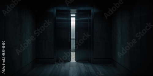 Stuck elevator with open door revealing inner mechanisms, highlighting repair safety precautions