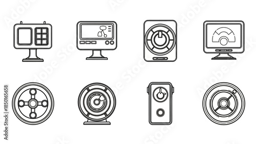 Set of electronic devices and navigation icons line art vector collection technology equipment and futuristic transportation symbols isolated on white background