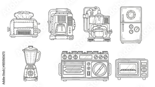 Steampunk kitchen appliances and futuristic cooking gadgets line art vector set vintage toaster coffee maker oven and blender designs isolated on white background