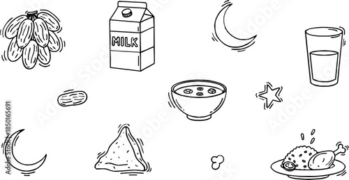 Minimalist doodle illustration of Ramadan food and symbols such as dates, milk, crescent moon, and traditional dishes. Black and white hand-drawn line art for Islamic festive design.