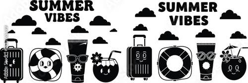 Cartoon summer vibes illustration featuring luggage, sunglasses, sunblock, coconut drink, and life buoy