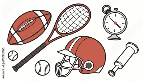 Football Tennis Baseball Sports Equipment Gear Collection with Helmet Stopwatch for Athletic Training Competition Fitness and Active Lifestyle Marketing