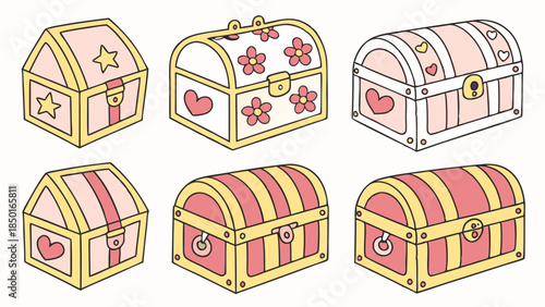 Charming Cartoon Treasure Chests Vector Set. Cute Pink and Yellow Gift Boxes for Game Rewards, App Icons, Web Design, Kids Content, and Savings Promotions.