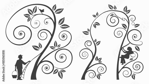 Children Playing Climbing and Watering Growth Trees Vector Art for Education Nurturing and Development