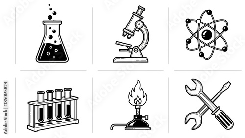 Set of six isolated black and white vector icons depicting various scientific laboratory equipment and general tools for research