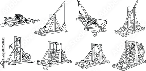 Catapult line art collection showing various medieval siege engine designs, detailed construction and weapon styles