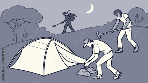 Men Setting Up Camp Tent at Night. Friends Preparing Campsite for Outdoor Adventure, Wilderness Exploration, and Teamwork Journey.