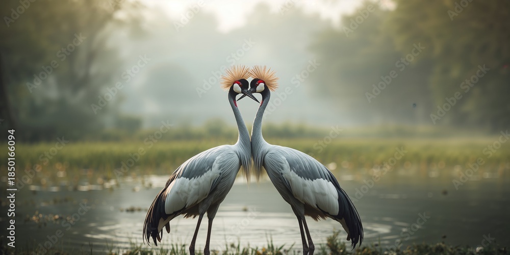 Fototapeta premium Sarus Crane, the tallest flying bird, soaring over lush wetlands, highlighting avian species and habitat preservation