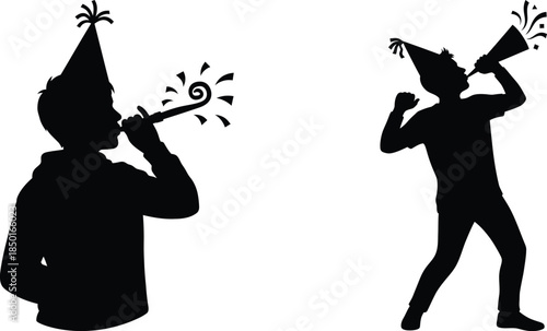Celebration silhouettes of people with party hats blowing noisemakers and confetti, illustration