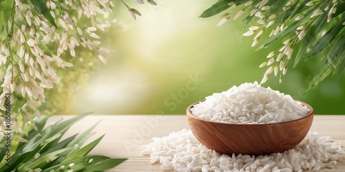 Thai Jasmine rice in a wooden bowl with unmilled rice, suitable for food processing and quality control, World Food Day