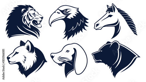 Strong Animal Head Logos Vector Set: Lion, Eagle, Horse, Wolf, Dog, Bear. Ideal for Sports Team Mascots, Corporate Branding, and Business Identity Design.
