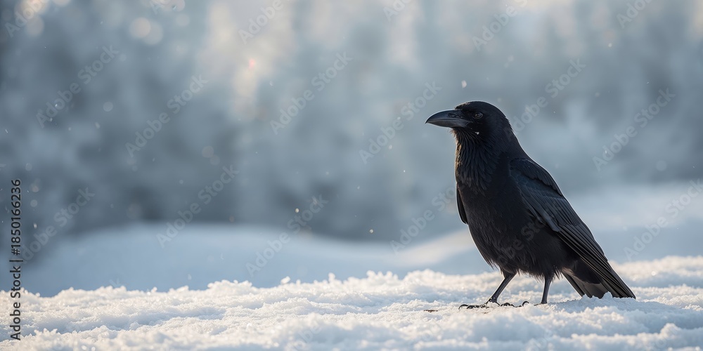 Obraz premium Closeup of a common Raven with glossy black feathers, natural plumage, environmental conservation awareness