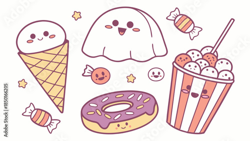 Cute Kawaii Halloween Sweets and Ghost for Kids Party Invitations, Decorations, and Sweet Treats Marketing