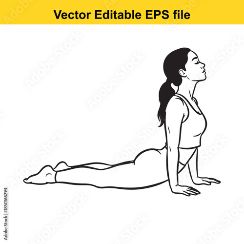  woman performing cobra pose in yoga, a black line drawing vector illustration