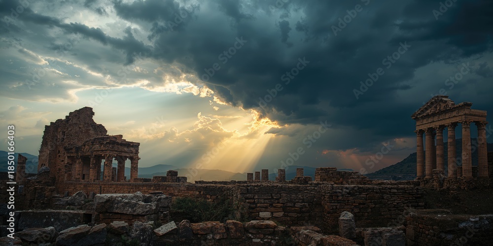 Fototapeta premium Ancient Troy ruins under storm clouds, highlighting erosion and weather effects