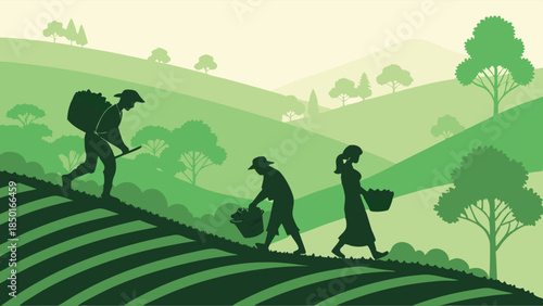 Agricultural Workers Carrying Harvested Crops Uphill on Green Farm Fields Sustainable Farming Rural Labor Teamwork Silhouette