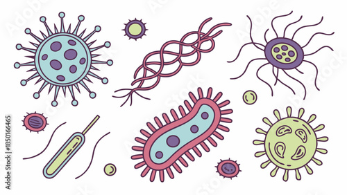 Colorful Microbe Virus Bacteria Collection Illustration for Medical Science Education and Disease Prevention Web Design Projects