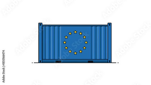 Shipping container is illustrated with the flag of the european union representing trade and economic partnership within europe.