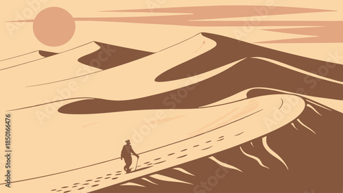 Lone Traveler Trekking Across Vast Desert Sand Dunes at Sunset Symbolizing Endurance and Journey for Web Design Backgrounds