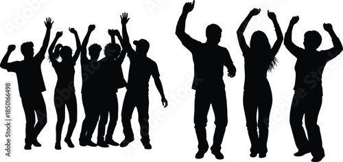 Cheering crowd silhouette with raised hands in the air, party celebration, event design