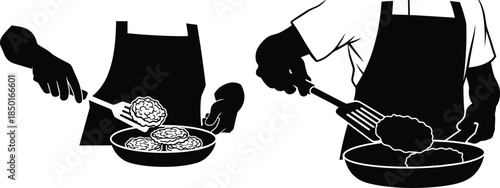 Chef silhouette frying meatballs in pan, flat cooking illustration, gastronomy kitchen concept
