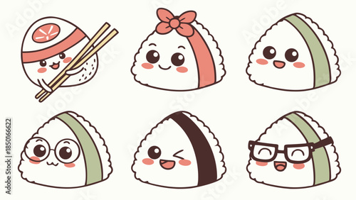 Cute Kawaii Japanese Onigiri Rice Balls Characters for Food Blog Web Design Menu Illustration Fun