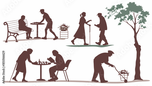 Seniors Enjoying Retirement Activities Outdoors Walking Gardening Reading Chess in Park Silhouettes for Senior Living Web Design