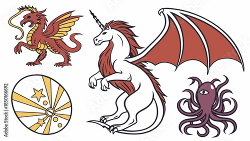 Mythical Creatures Heraldic Icons Dragon Unicorn Octopus Set for Fantasy Game Design T-Shirt Prints