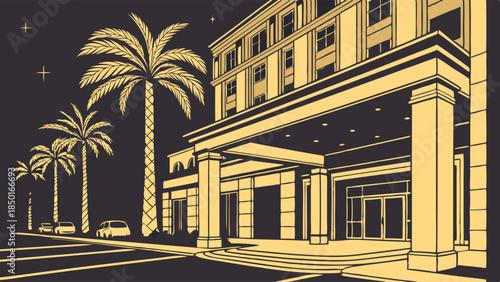 Luxury Hotel Entrance Night Palm Trees Arrival Entrance Illustration for Travel Brochures Resort Advertising Website Design