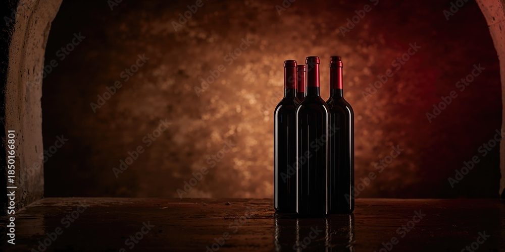 Fototapeta premium Stacked red wine bottles on a rack with warm lighting for bar storage, wine preservation techniques