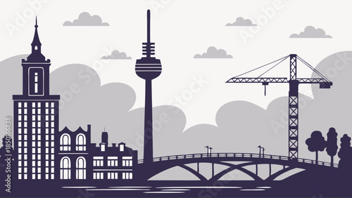 Urban Skyline Silhouette with Crane and Bridge for City Development, Construction, and Real Estate Marketing Projects