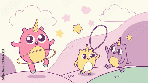 Cute Unicorn Characters Jumping Rope and Hula Hooping for Kids Entertainment and Playful Marketing Campaigns